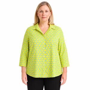Lands' End Women’s Yellow Blue Geometric Print Blouse Size 14 Petite Button